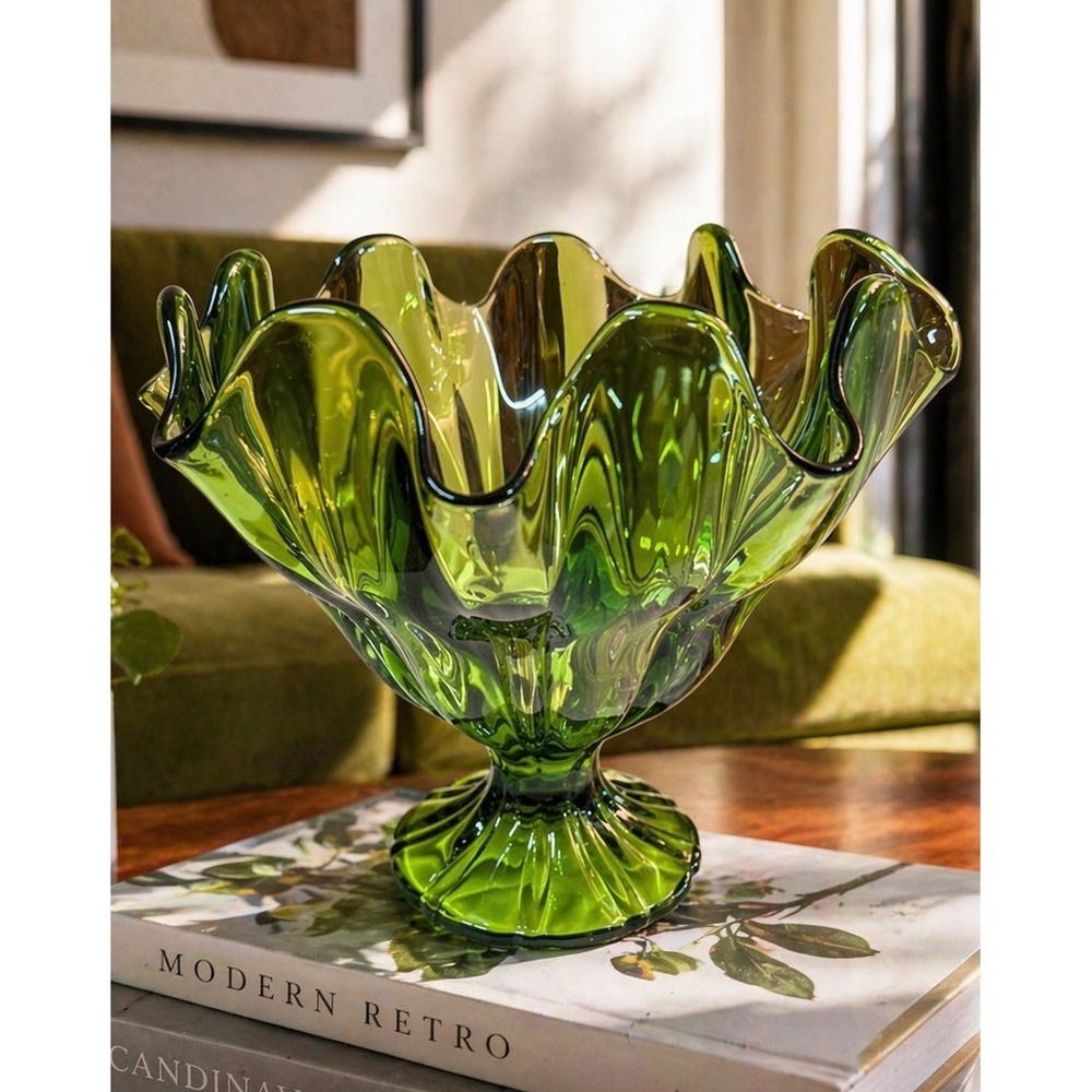 Vintage L E Smith Simplicity Green Art Glass 4 Crimp Ruffled Compote Vase MCM